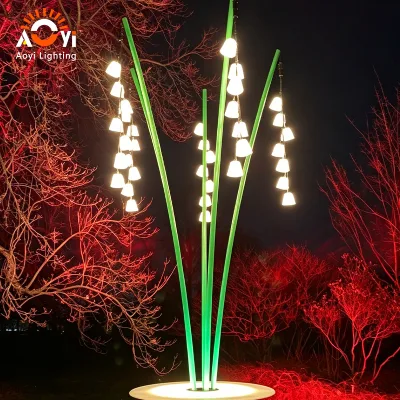 Tilted Green Reed Pole Bell Pendant Cluster Floor Sculpture Lamp Frosted White Mini Bell Shade Waterproof Landscape Light
