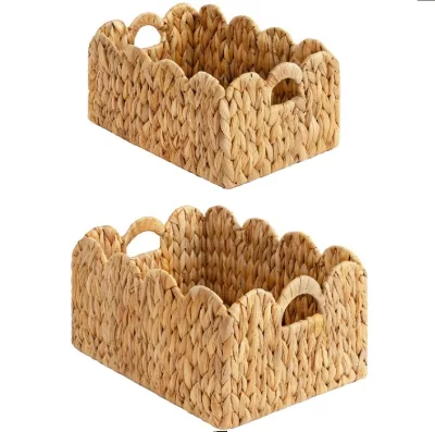 Boho Eco-Friendly Handmade Wave Edge Water Hyacinth Seagrass Fruit Woven Storage Laundry Baskets With Handle Home Decoration