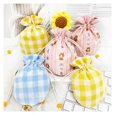 Wholesale 12*15cm Checkered Pattern Round Bottom Cotton Jewelry Drawstring Packaging Pouch Bag for Jewelry