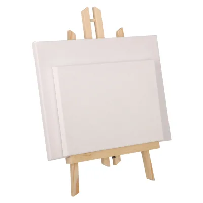 SINOART 3PK 40cm Natural Wooden Easel Canvas Set Tabletop Wooden Display Stand and Stretched Canvas Panels