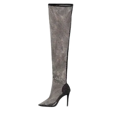 Sparkly Diamante High Knee Boots for Ladies with High Heels Sexy Over Knee High Long Fashion Shoes Best Selling Model