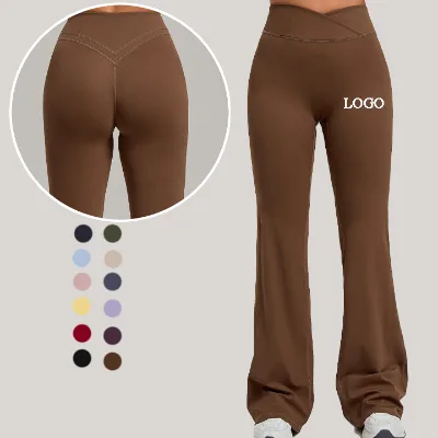 Second Skin Crotchless Yoga Leggings Cross Waist Slimming WorkOut Leggings Soft Flare Solid Patchwork Gym Leggings