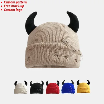 Factory Gothic Devil Horn Knitted Beanie Hat Unisex Distressed Ripped Beanie With Safety Pins Metal Streetwear Winter Beanie