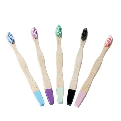 Curve Thick Crank Wave Shape Handle Colorful Coating Children Bamboo Toothbrush Natural Biodegradable Bamboo Charcoal Toothbrush