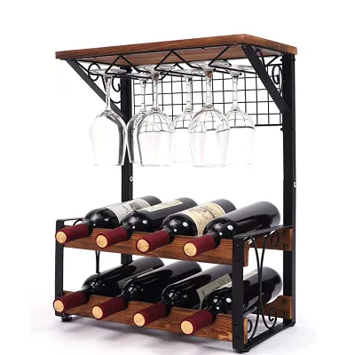 Free Standing Wine Rack 2 Tier  Metal   Wine Rack Multipurpose Hold 8 Wine Bottles and 6 Glasses