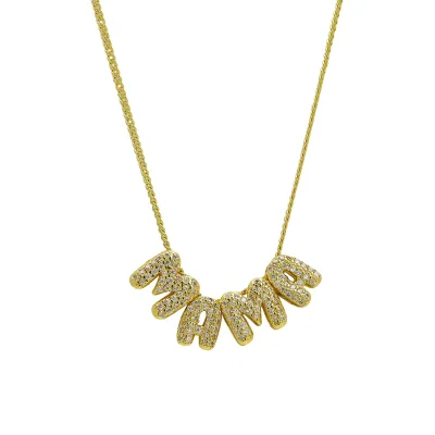 Tiny Cute Bubble Initial MAMA Personalized Brass Zircon Heart Pendant Necklace with 18K Gold Plated Link Chain-Gift