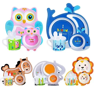 Set of 5 Pcs Dinnerware Plate Cute Animal Design Children Tableware Bamboo Fiber Kid Dinner Set