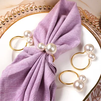 Elegant Metal Gold Napkin Buckle Holders Pearl Napkin Rings for Wedding Banquet Table Dining Decor
