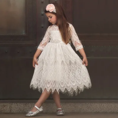 Baby Girls Party Wedding Solid Lace Breathable Long A-Line Silhouette Dress for Children
