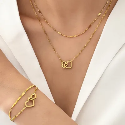 Stainless Steel Double-layer Heart-design Bracelet Necklace Set Natural Stone Gold-inlaid Fashionable Clavicle Chain