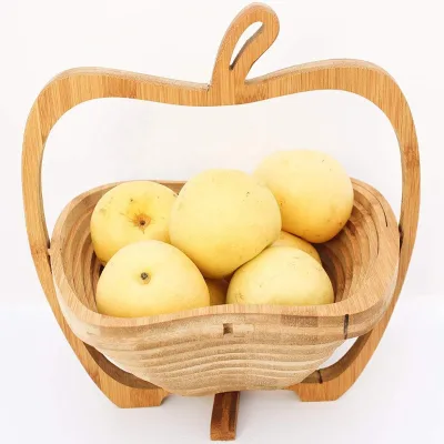 Apple Design Natural Bamboo Collapsible Fruit Basket Folding Bamboo Fruit Bowl