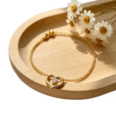 Dainty Chain Jewelry for Women Wholesale Stainless Steel Gold Plated Open Heart Pendant Bracelet with Single Crystal Stone