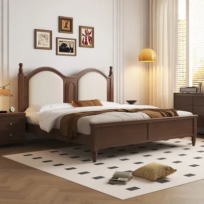 Victorian Solid Rubber Wood Adjustable Platform Wall Bed with Upholstered Headboard Eco-Friendly Bedroom Furniture