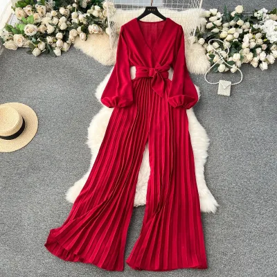 Summer Elegant Long Sleeve V-neck Lantern Sleeve Pleated Long Pant Casual Jumpsuit