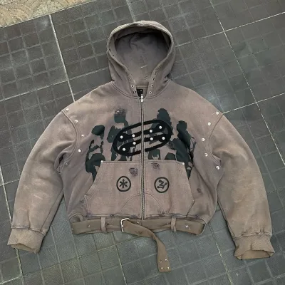 Custom Distressed Embroidery Zipper Hoodies Graphic Heavyweight Oversized Cotton Streetwear Vintage Acid Wash Winter Men Hoodie