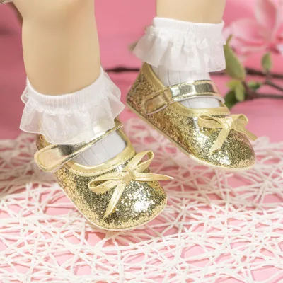 Baby Girls Princess Shoes Bow Sequin Decor Anti Slip Soft Sole Magic Tape Toddler First Walkers