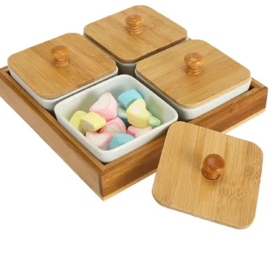 Ceramic 2024 Divided Serving Dishes Bamboo Platter Chip Serving Bowl Appetizer Platter Set for Vegetables, Taco Chip, Snacks