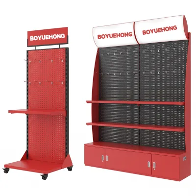 Red Black Metal Pegboard Display Stand with Hooks Light Box Shelf Rack for Retail Store Convenience Store