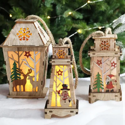 Wooden Christmas Lanterns with LED Light, Laser Cut Santa Snowman Reindeer Scene Jute Rope Hanging for Home Holiday Decor