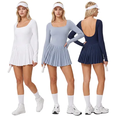 Women Sports Wear Anti-Glare Falda Deportiva Chest Pad Long-Sleeved One-Body Waist Slimming Yoga Pickle Ball Tennis Dress