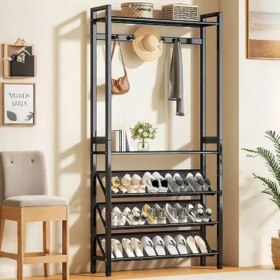 Nordic Style Clothes Stands & Shoe Racks Combo 4-Tier Iron Shoe Rack Organizer for Home Entryway Space-Saving Hanging