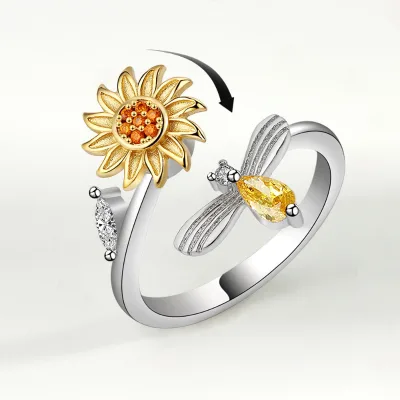 Fashion Adjustable Open Zircon Ring Rotating Decompression Anti Stress Anxiety Fidget Ring Sunflower Bee Ring for Women Girls