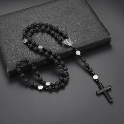 Custom Black Round Beaded Necklace with Religious Metal Cross Pendant Anniversary Party Jewelry Gift for Women and Men