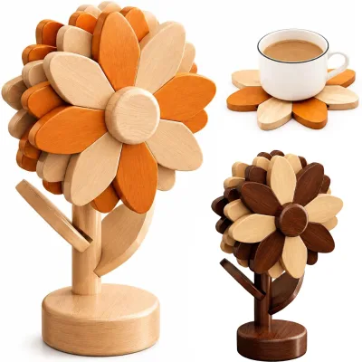 Sunflower Petals Trivets for Hot Dishes 4Pcs Flippable Heat Resistant Wooden Coaster Tree Stand Set Kitchen Countertop Decor