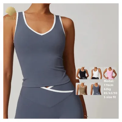 CNSHELL 230gsm Contrast Color Outline Sexy Deep Neck Body Control Belly Length High Impact Short Tank Tops for Women