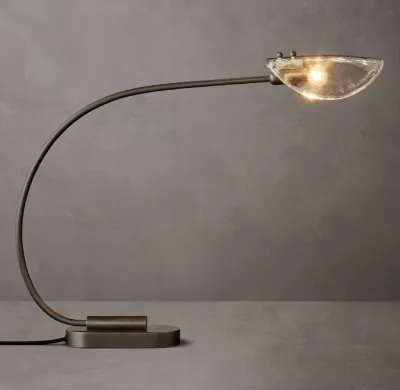 Modern Brass Table Lamp with Curved Arm and Dome Shade Hand Blown Clear Glass Simple Design for Bedroom Study Hotel Use