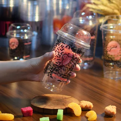 Dia.90mm PET Plastic Cup Recyclable Disposable U Shape Round Bottom Cup 24oz Big Size Ice Coffee Plastic Cups with Lids