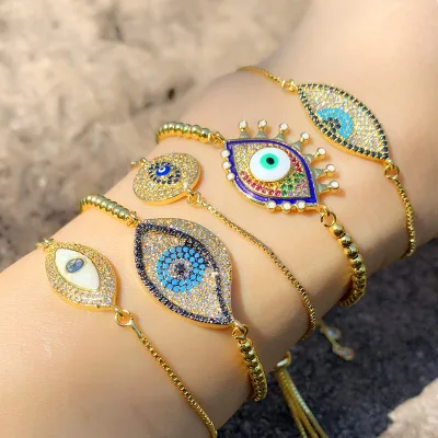 Evil Eyes Charm Bracelet , Rainbow Flat Beads Evil Eyes Glass Beads Bracelet for Women