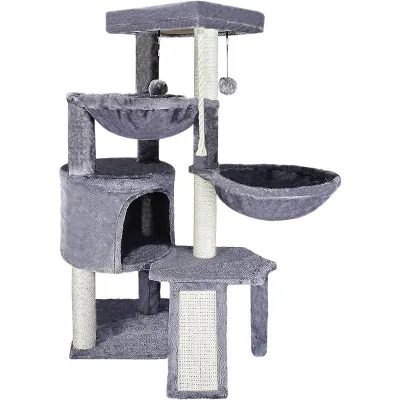 Classic Medium Four Levels Cat Tree With Cat Condos Two Nests One Hanging Ball Scratching Pad Grey Dark Grey Beige