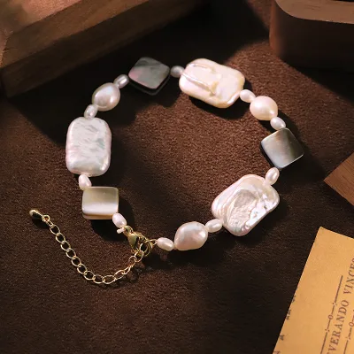 Natural Freshwater Pearl Shell Bracelet for Women Daily Banquet Jewelry Gift Rectangle Baroque Pearl Bracelet Fashion Jewelry