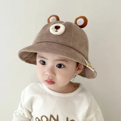 High quality corduroy baby children outdoor bucket caps Wholesale fashion thick baby printed bear logo adjustable fisherman hats