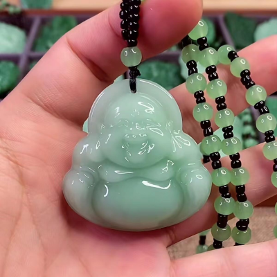 Wholesale Glass Stylish Buddha Green Laughing Buddha Avalokitesvara Safety Buckle Money Buddha Pendant Necklace for Women Men