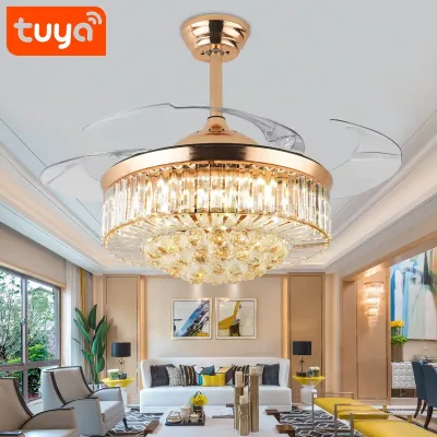 Alexa and Google Home Tuya Intelligent Voice Control LED Three-color Variable Light 42Inch Living Room Fan Lamp (GOLD)