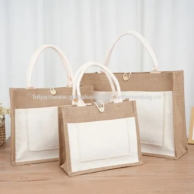 Natural Reusable Fixed Buttons Canvas Cotton Tote Jute Shopping Bag
