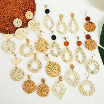 Summer Bohemian Earrings Handmade Braid Hoop Drop Dangle Straw Rattan Boho Earrings