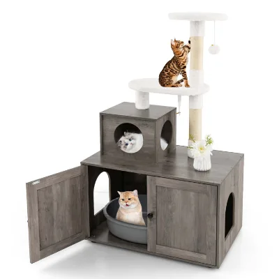 Mango Wood Natural Color Cat House Indoor Cat Scratcher and Pet Bed with Cardboard for Cat Scratchin