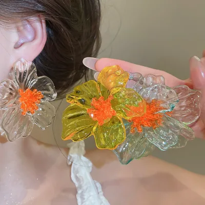 Transparent Women Large Flower Exaggerated Personalized Trendy Electroplated Acrylic Transparent Flower Stud Earrings Fashion