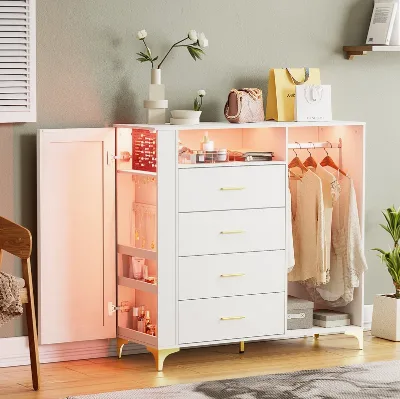 Upgraded Dresser with Jewelry Cabinet and LED Light Multi-Purpose Chest of Drawers with Clothes Rack and Golden Legs