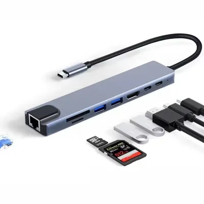 8 in 1 USB C HUB With 30Hz HDMI, 2x USB , RJ45, Compatible with SD Care Reader, USB  Charging Docking Station