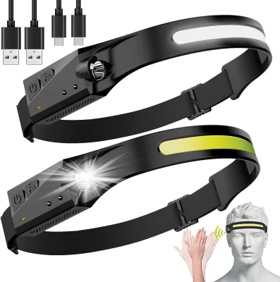 Headlamp Rechargeable LED COB230° Wide Beam Headlamps, 5 Modes of Lightweight Headlamps with Motion Sensors