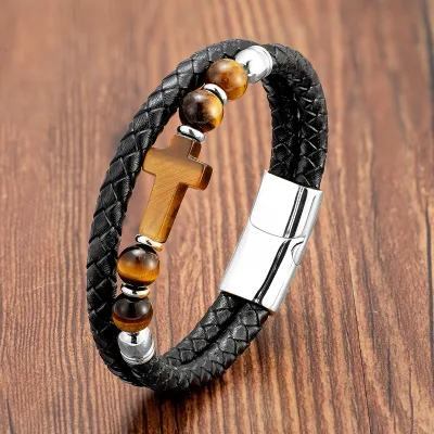 Double Layer Cross Stone Pendant Bracelet Men's Jewelry Braided Leather Bracelet Handmade Bangles