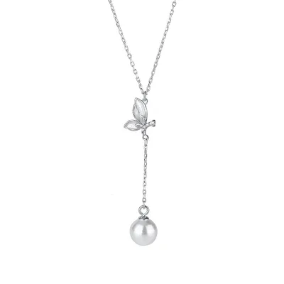 999 Sterling Silver Pearl Mother-of-Pearl Trendy Wedding Necklace Women Dragonfly Butterfly Cross/Sweater Chain Electroplated