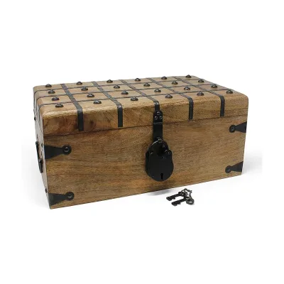 Bay Navigation Wooden Treasure Chest with Vintage Iron Lock and Skeleton Key for Storage and Decorative Purpose