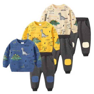 New Design Dinosaur Sweat Lovely Handsome Suits Hoodies Casual 2 Piece Kids Joggers Fall Boy's Clothing Sets