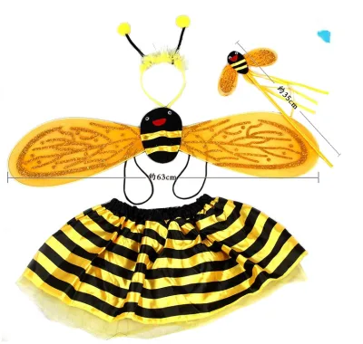4Pcs Girls Butterfly Bee Skirt Set With 1 Pair of Wings Antenna Headband Stripe Dress and Wand Halloween Costume for Girls
