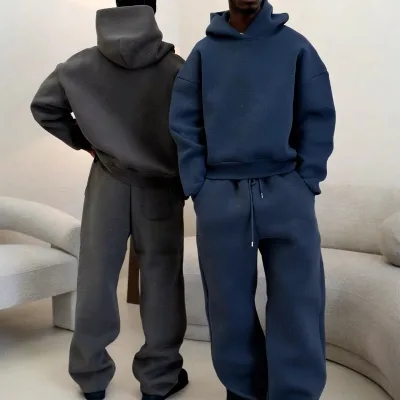 High Wight 670 Gsm Overfsized Blank Hoodie Streetwear Heavyweight Fleece Cotton Cropped Sweatpants and Hoodie Set Tracksuit Men